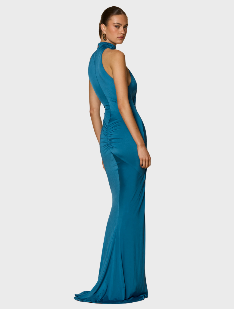 Stunning Helena Gown in Ocean, designed with a flattering fit and luxurious fabric, ideal for evening events.