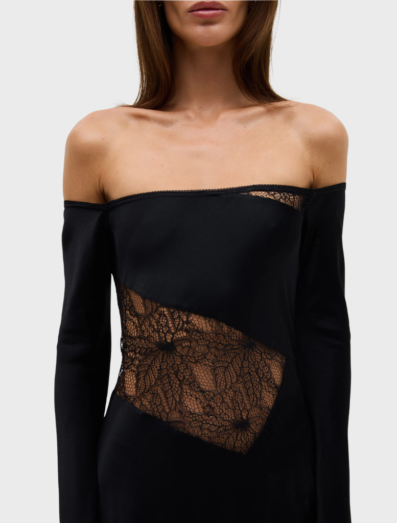 Chic off-shoulder dress in ink, designed with a fitted bodice and a flowing skirt, suitable for formal wear.