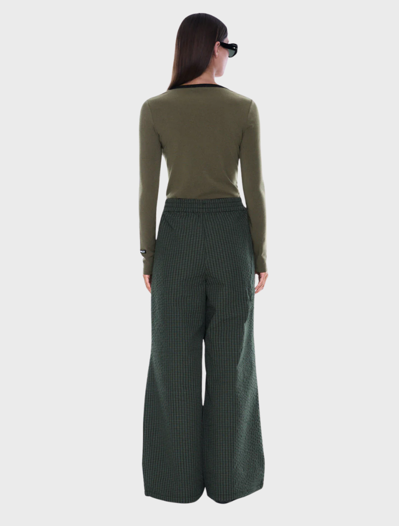 Soft polyester blend olive check pant with a relaxed silhouette, elastic waistband, and adjustable drawcord for easy wear.