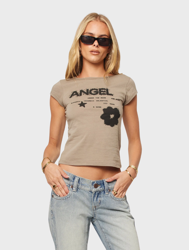 Olive green Y2K Baby Tee showcasing a vintage-inspired graphic, ideal for trendy and comfortable outfits.