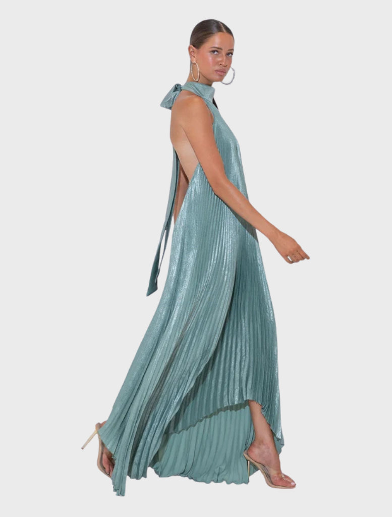 Luxurious evergreen gown featuring delicate pleats, designed for sophistication and grace at formal occasions.
