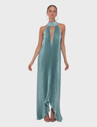 Elegant evergreen shimmer gown with intricate pleats, embodying timeless beauty and opulence for evening events.