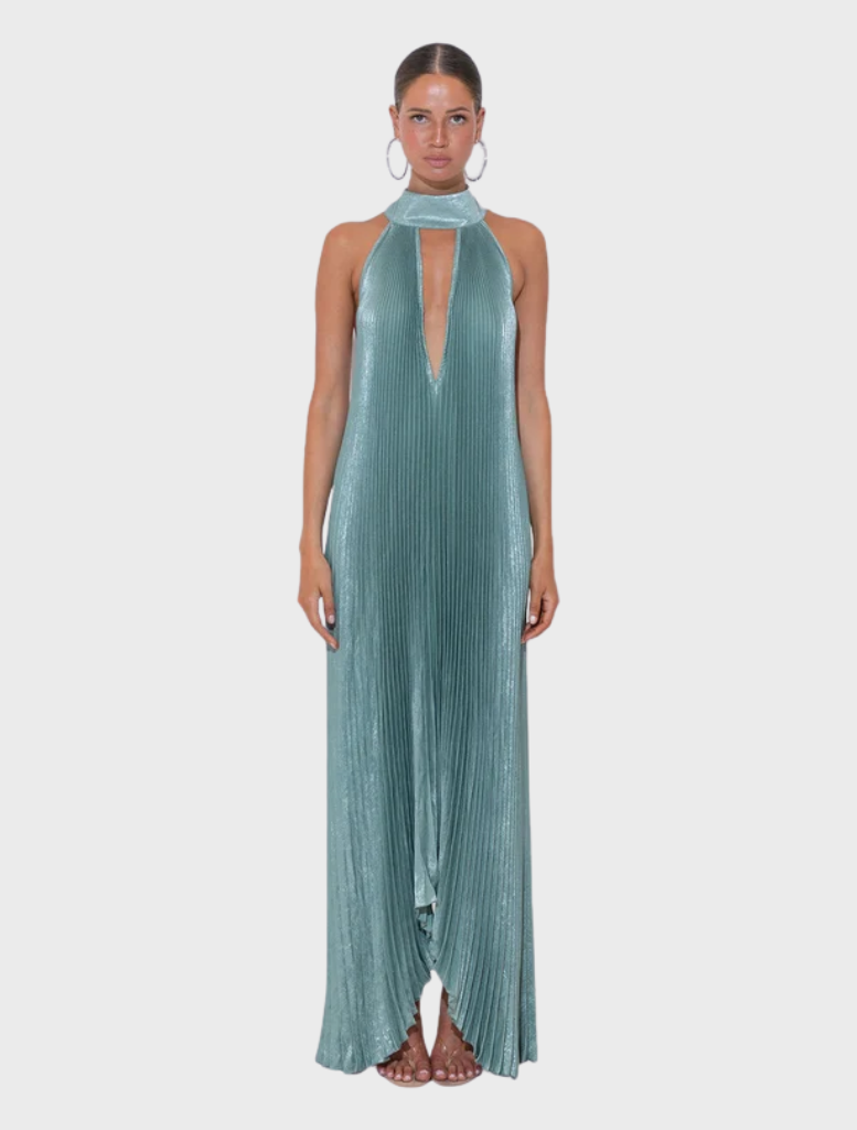 Opulent evergreen shimmer gown with artfully crafted pleats, perfect for elegant evening soirees and special events.