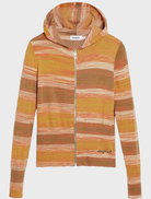 Orange hoodie for women showcasing a striped design, blending comfort with contemporary style.