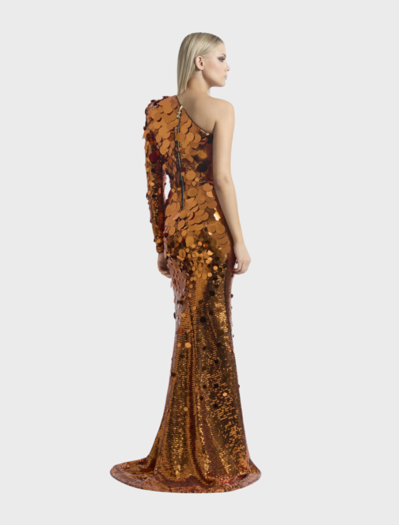 Shimmering orange gown with a prism design, exuding elegance and sophistication for any formal gathering.