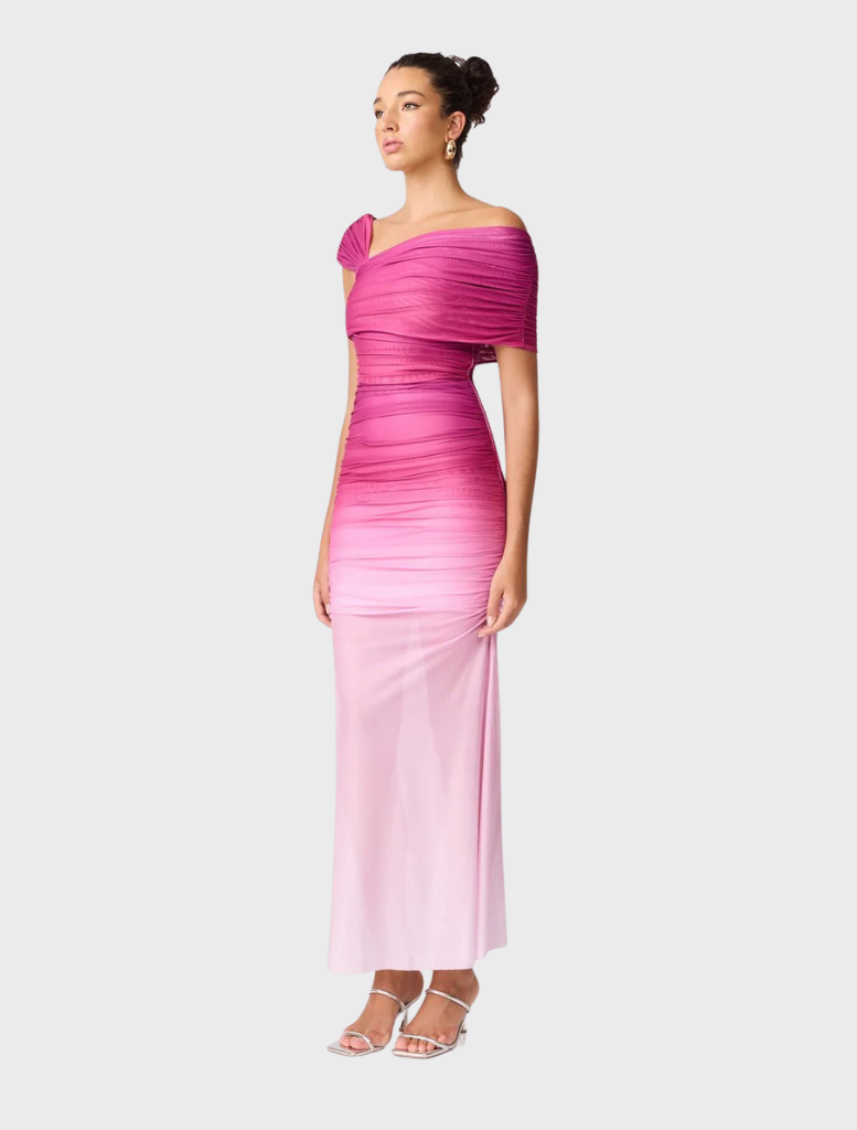 Stylish Brigitta maxi dress showcasing a beautiful orchid ombre pattern, perfect for summer occasions and events.