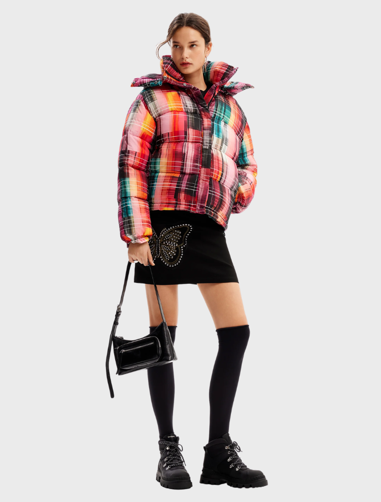 A padded jacket featuring a colorful plaid pattern, labeled 'Padded_Malmo - 9019 Tutti Frutti'.