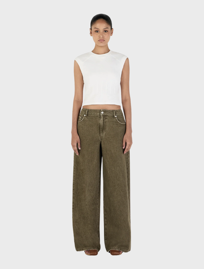 Khaki Paige Denim jeans displayed on a white background, showcasing a classic five-pocket design and a slim fit.