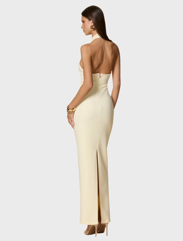 Elegant Harmony Maxi in pale lemon, designed with a lightweight fabric for a breezy, stylish summer look.