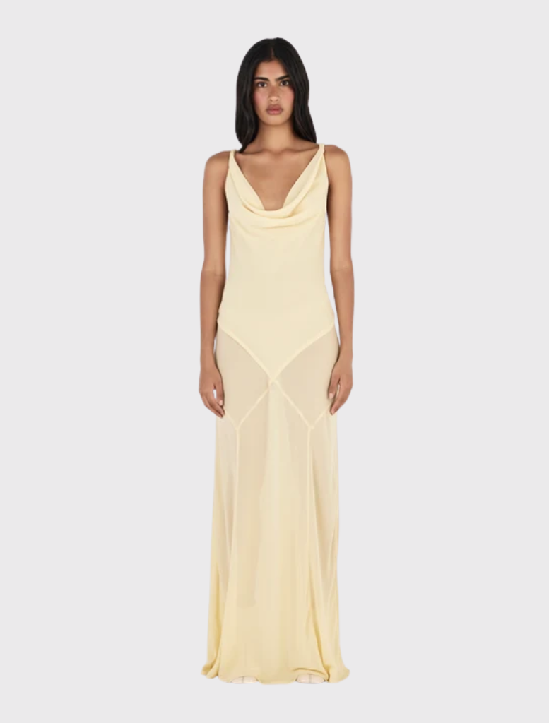 Butter yellow maxi dress with draped cowl neckline, twist strap detail, and panelled bias-cut skirt for effortless movement.