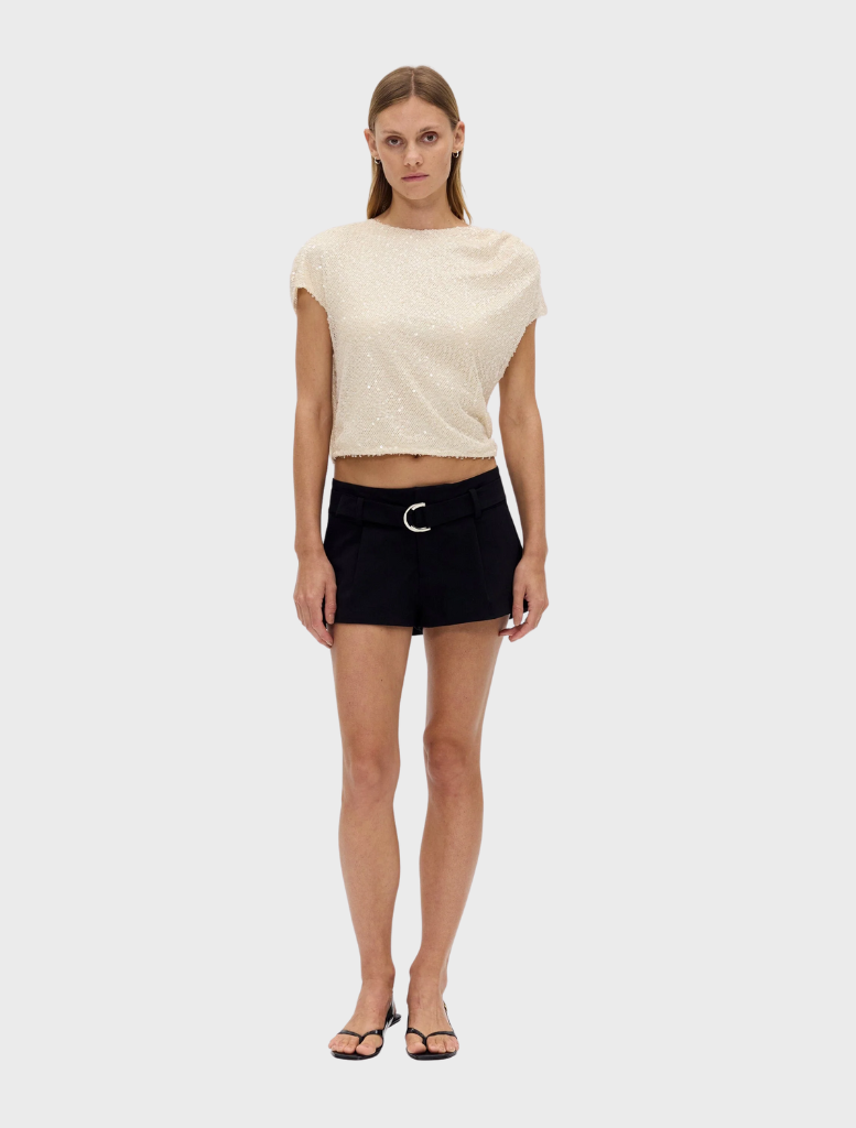 Elegant black mini shorts by Passage, designed for a tailored fit, perfect for summer fashion.