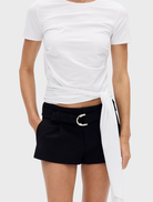 Black tailored mini shorts from Passage, featuring a sleek design suitable for casual or semi-formal occasions.