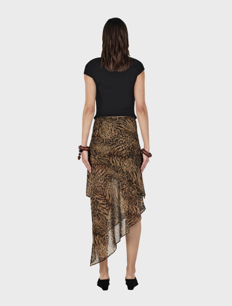 Leopard print fabric defines the Phaedra Skirt by Sirocco, adding a trendy touch.