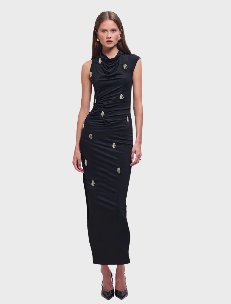 Black Phoebe Embellished Maxi Dress featuring intricate embellishments and a flowing silhouette, perfect for formal occasions.