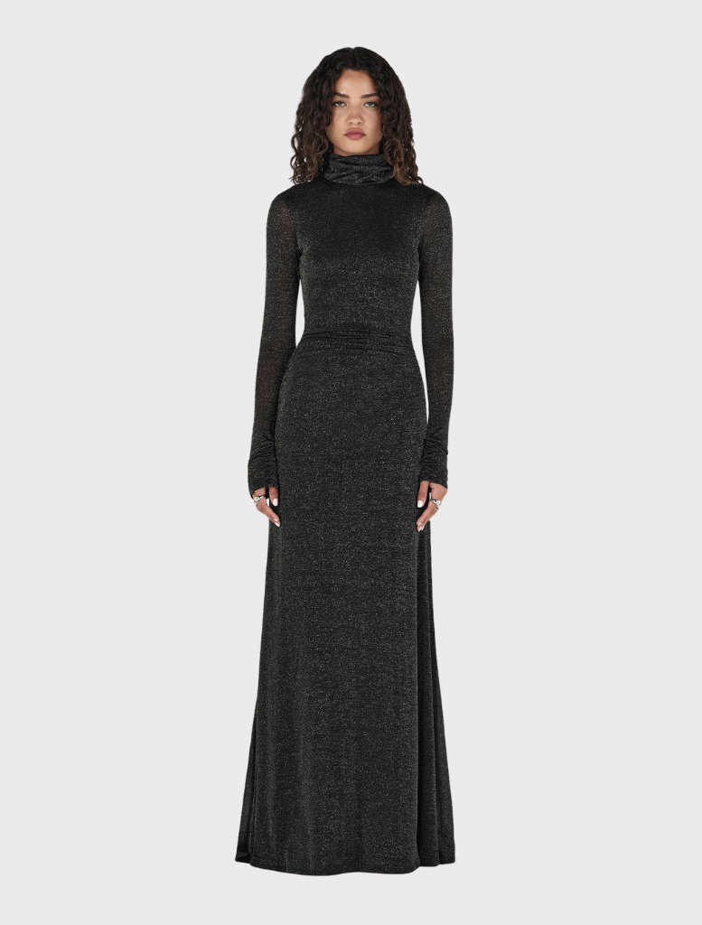 Charcoal lurex maxi dress with a flowing silhouette, perfect for elegant occasions and evening events.