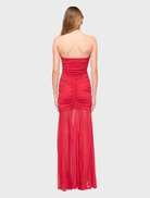 Elegant red Phoenix Bustier Maxi Dress with a structured bodice and a long, flowing skirt, ideal for special occasions.