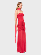 Chic red Phoenix Bustier Maxi Dress with a tailored bodice and a full-length skirt, perfect for summer gatherings or parties.