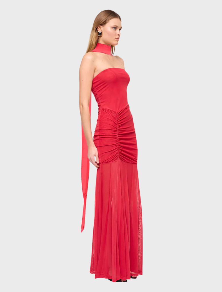 Chic red Phoenix Bustier Maxi Dress with a tailored bodice and a full-length skirt, perfect for summer gatherings or parties.