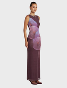 Elegant Maxi Slip Dress with a fluid silhouette, showcasing Phoria artwork inspired by translucent nasturtium leaves in soft colors.