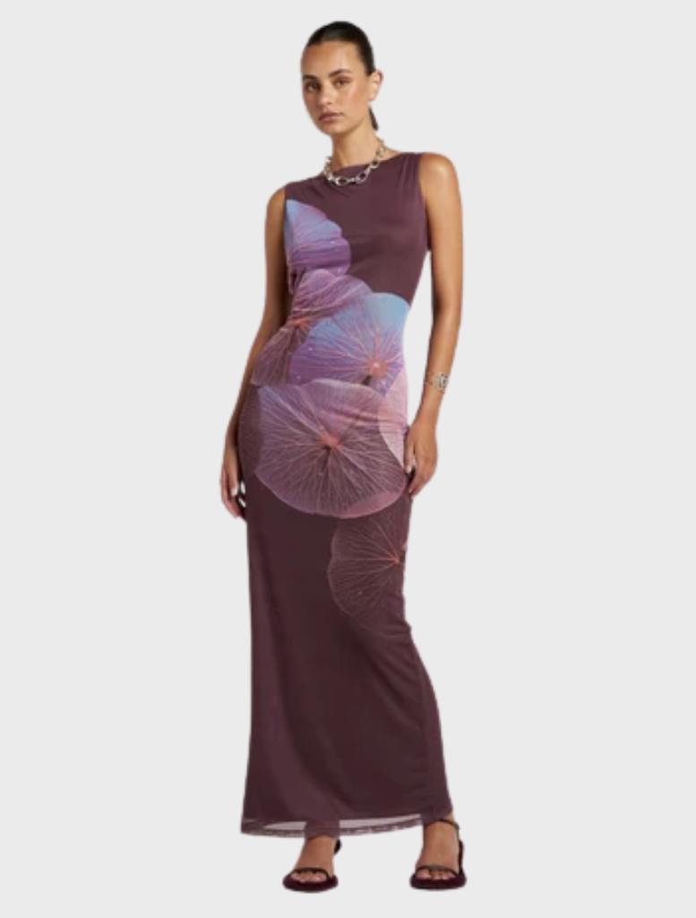 Fluid Maxi Slip Dress featuring delicate Phoria print of translucent nasturtium leaves, ideal for special occasions and celebrations.
