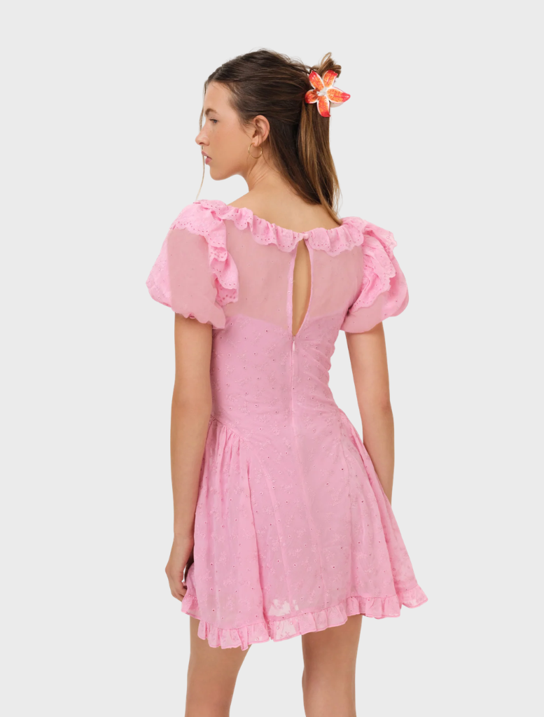Elegant pink mini dress with eyelet design, perfect for summer outings, featuring a flared skirt and stylish details.