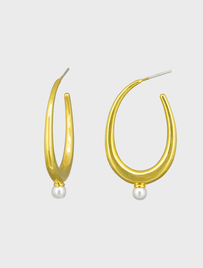  Gold Pippa hoops earrings displayed against a neutral background, showcasing their elegant design and shine.