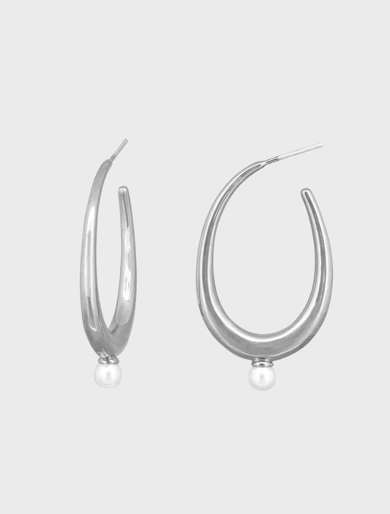 Close-up of silver Pippa hoops earrings, highlighting their polished finish and contemporary style.