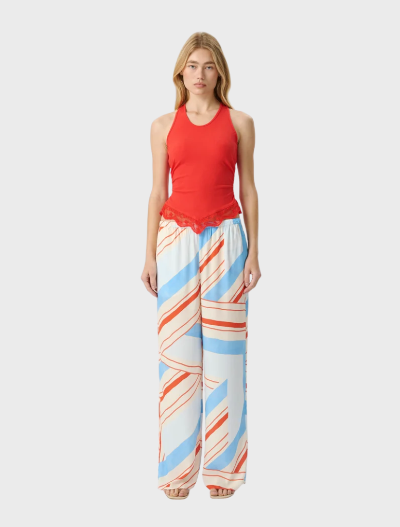 Pippi Tank Top in Poppy, showcasing a casual scoop neck, sporty racerback, and elegant lace trim for a refined style.