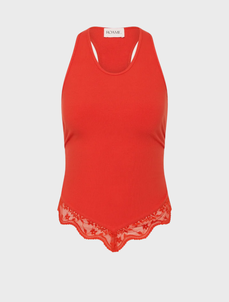 Pippi Tank Top in Poppy, featuring a scoop neckline, racerback design, and delicate lace trim for a sophisticated look.