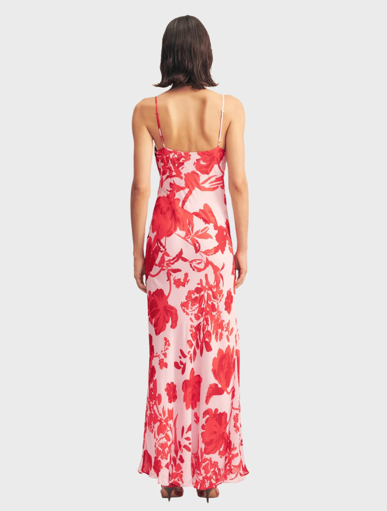 Geranium red Aleyna Plunged Maxi Dress featuring a deep neckline and flowing silhouette, perfect for elegant occasions.