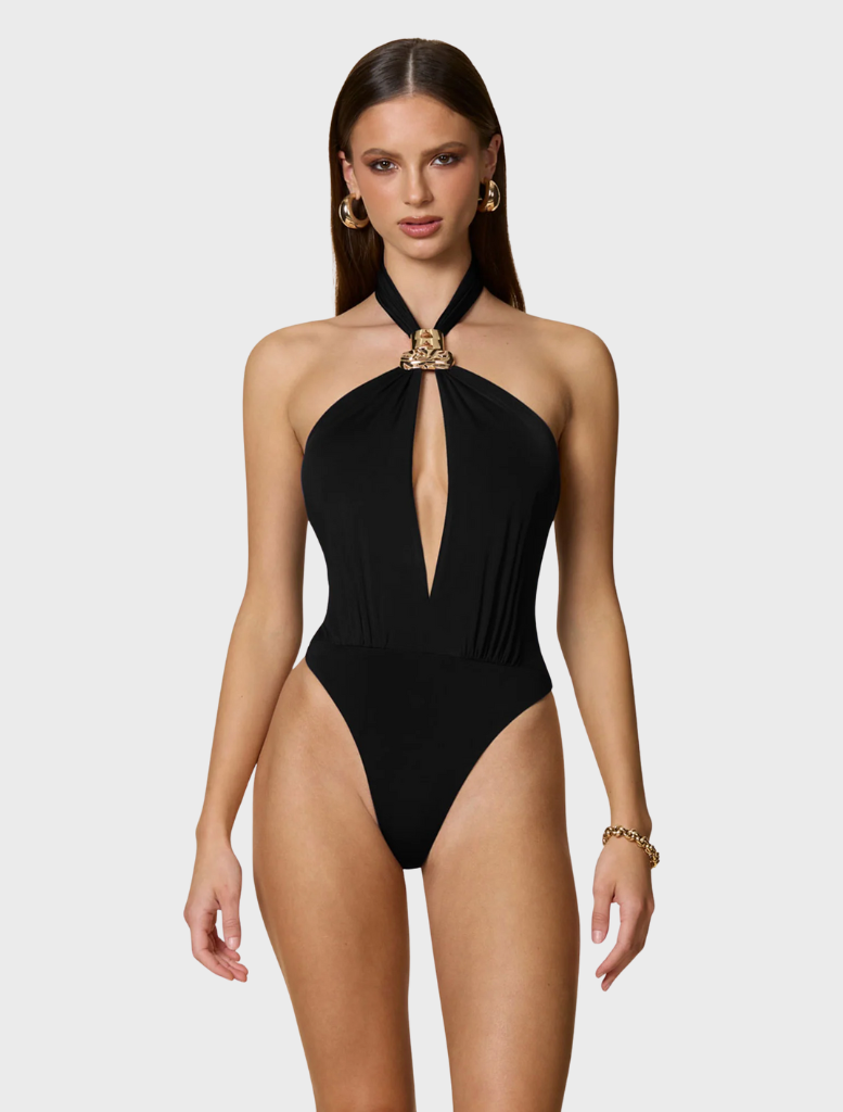 Black Portia bodysuit featuring a sleek design, perfect for layering or wearing alone for a chic look.