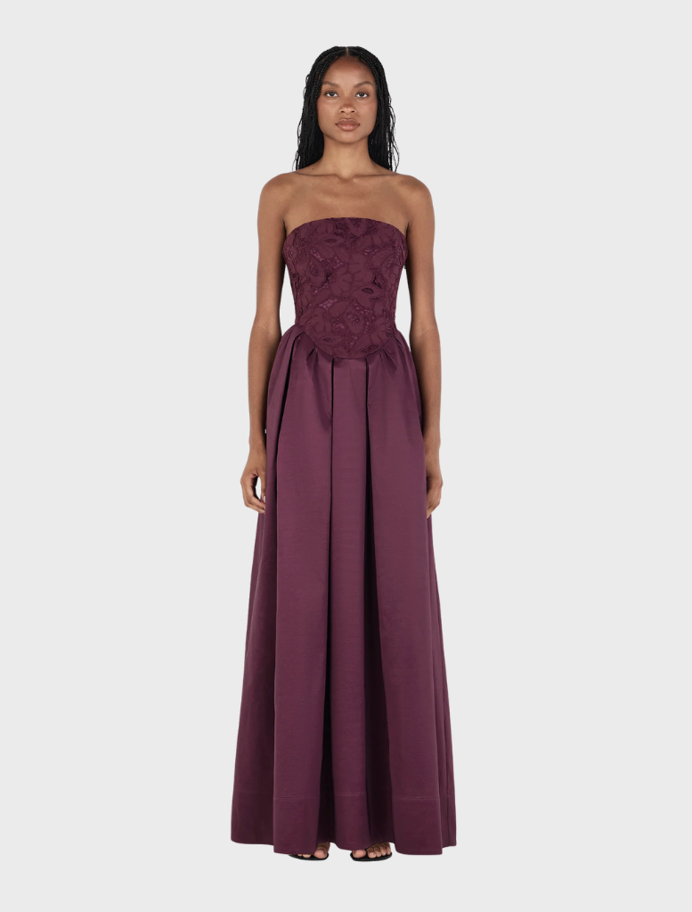 Portia Maxi Dress in Mulberry, featuring a flowing silhouette and elegant design, perfect for formal occasions.