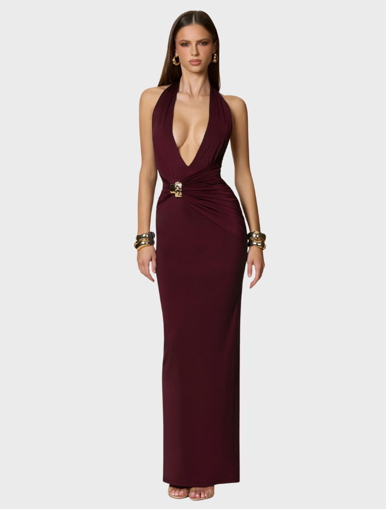 Wine-colored Portia Halter Maxi dress with a graceful design, perfect for formal occasions or evening events.