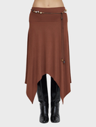 Espresso skirt with a handkerchief hem, showcasing a unique prism pattern for a contemporary and elegant appearance.