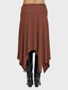 Elegant espresso skirt with a prism motif and handkerchief hem, perfect for adding a chic touch to any outfit.