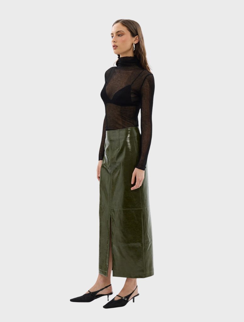 Khaki Raye maxi skirt laid flat, emphasizing its length and soft material ideal for casual wear.