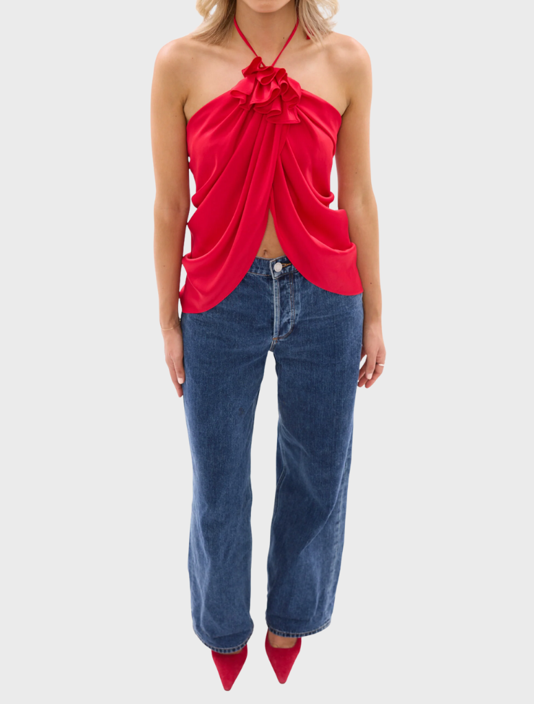 Vibrant red Bloom Halter Top with a chic halter neckline, ideal for warm weather and fashionable occasions.