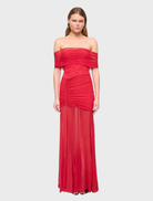 Elegant red Phoenix Bustier Maxi Dress with a structured bodice and a long, flowing skirt, ideal for special occasions.