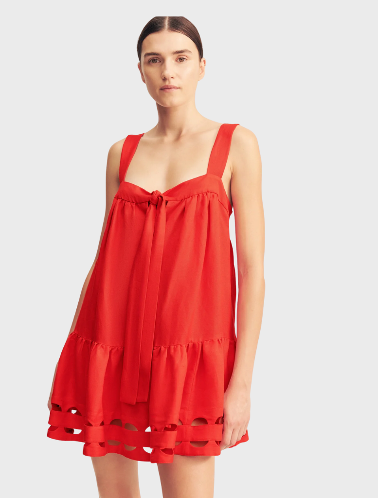  A red rose mini dress with scalloped tiers, showcasing a playful and elegant design perfect for various occasions.