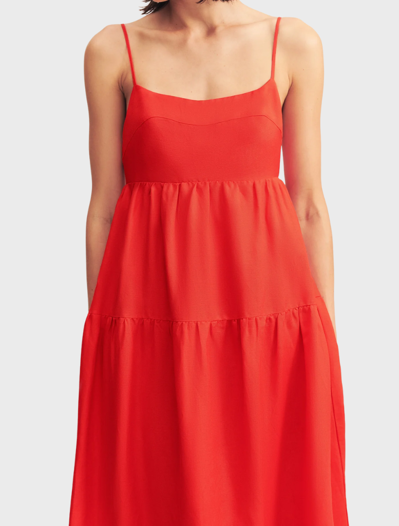  Elegant red rose midi dress with scalloped tiers, ideal for special events and warm-weather gatherings.
