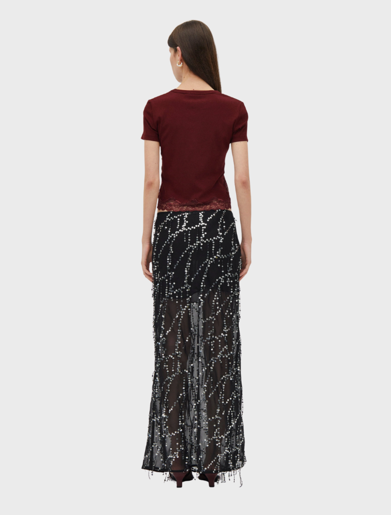 Afterdark Refract Bias Maxi Skirt, showcasing a sleek silhouette and luxurious fabric for a sophisticated outfit.