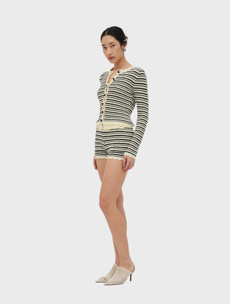 Cream and coffee belted knit shorts, combining comfort and style for versatile summer fashion.