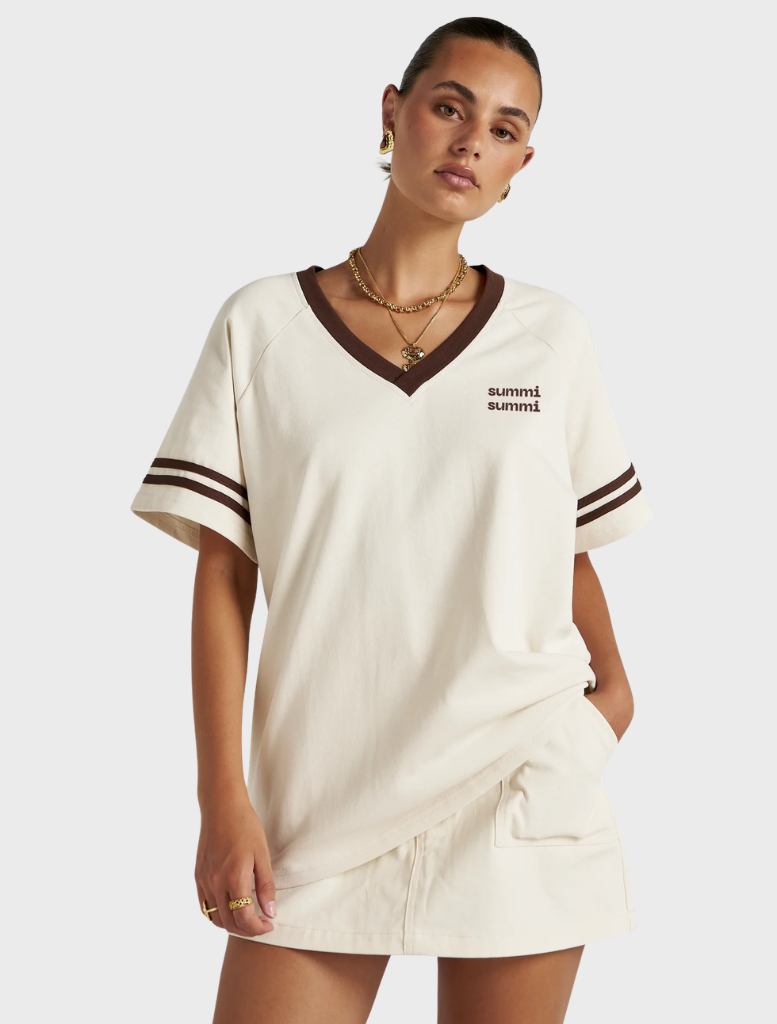 Stylish Reverie V Neck in a Vanilla and Espresso color scheme, designed for comfort and sophistication in everyday outfits.