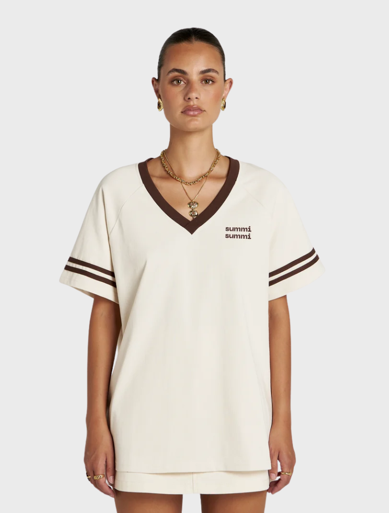 Reverie V Neck in Vanilla and Espresso, featuring a relaxed fit and contemporary design for stylish everyday wear.