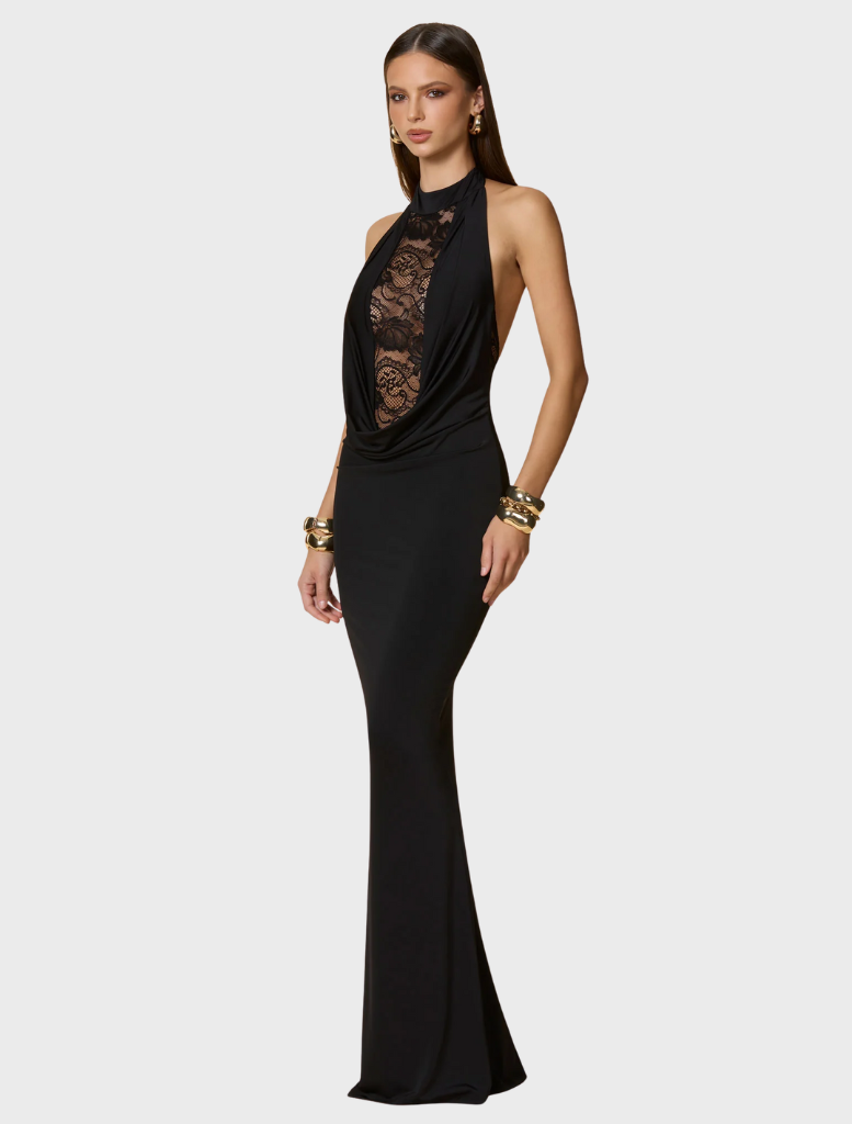 A stunning black gown by Rhianna Halter, highlighting a chic design perfect for formal occasions.