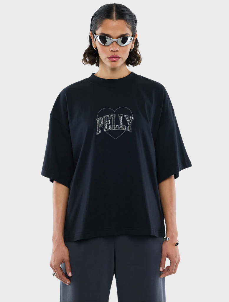Black rhinestone logo tee, combining comfort and style for a fashionable look.
