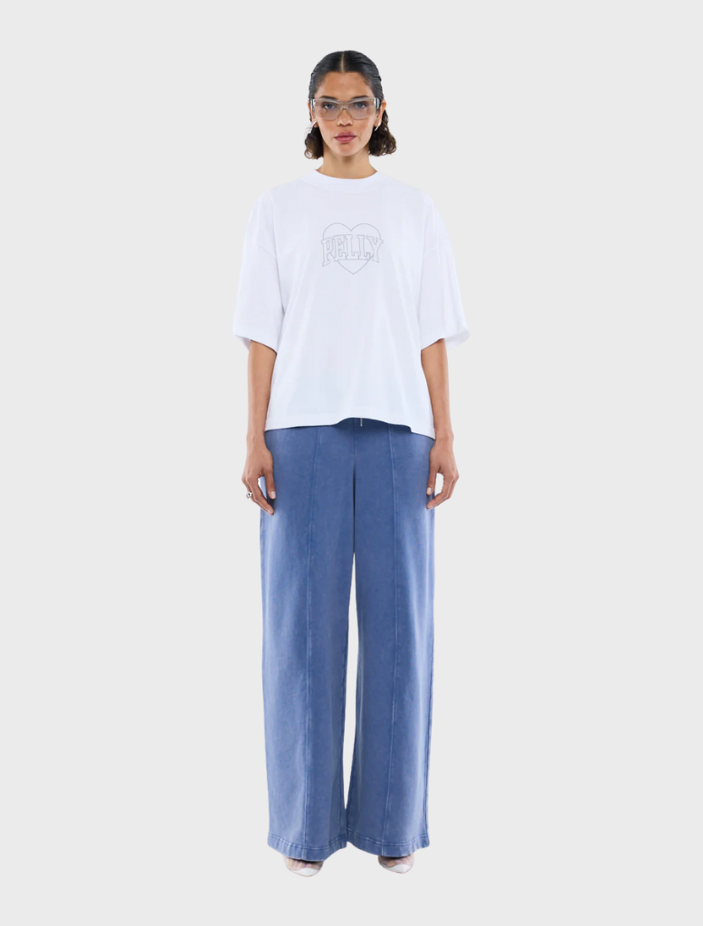 White logo tee embellished with rhinestones, showcasing a stylish design.
