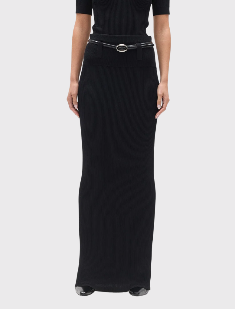 Black ribbed knit Rhylin Skirt with a wide waistband, belt loops, and a fitted design that falls to a maxi length.