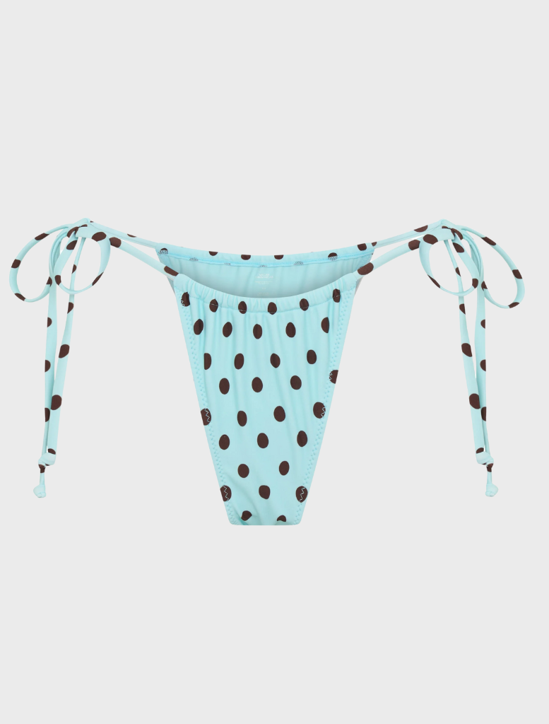 Blue polka dot bikini bottom featuring a classic cut, ideal for beachwear or poolside lounging.