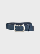  Blue leather belt featuring a sleek silver buckle, elegantly designed for both style and functionality.
